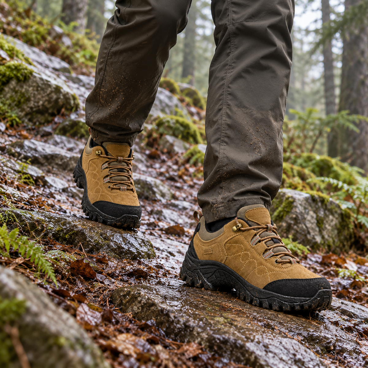 Paire de chaussures homme randonnée basse cuir SaddleBrown portée en descente sur sentier humide