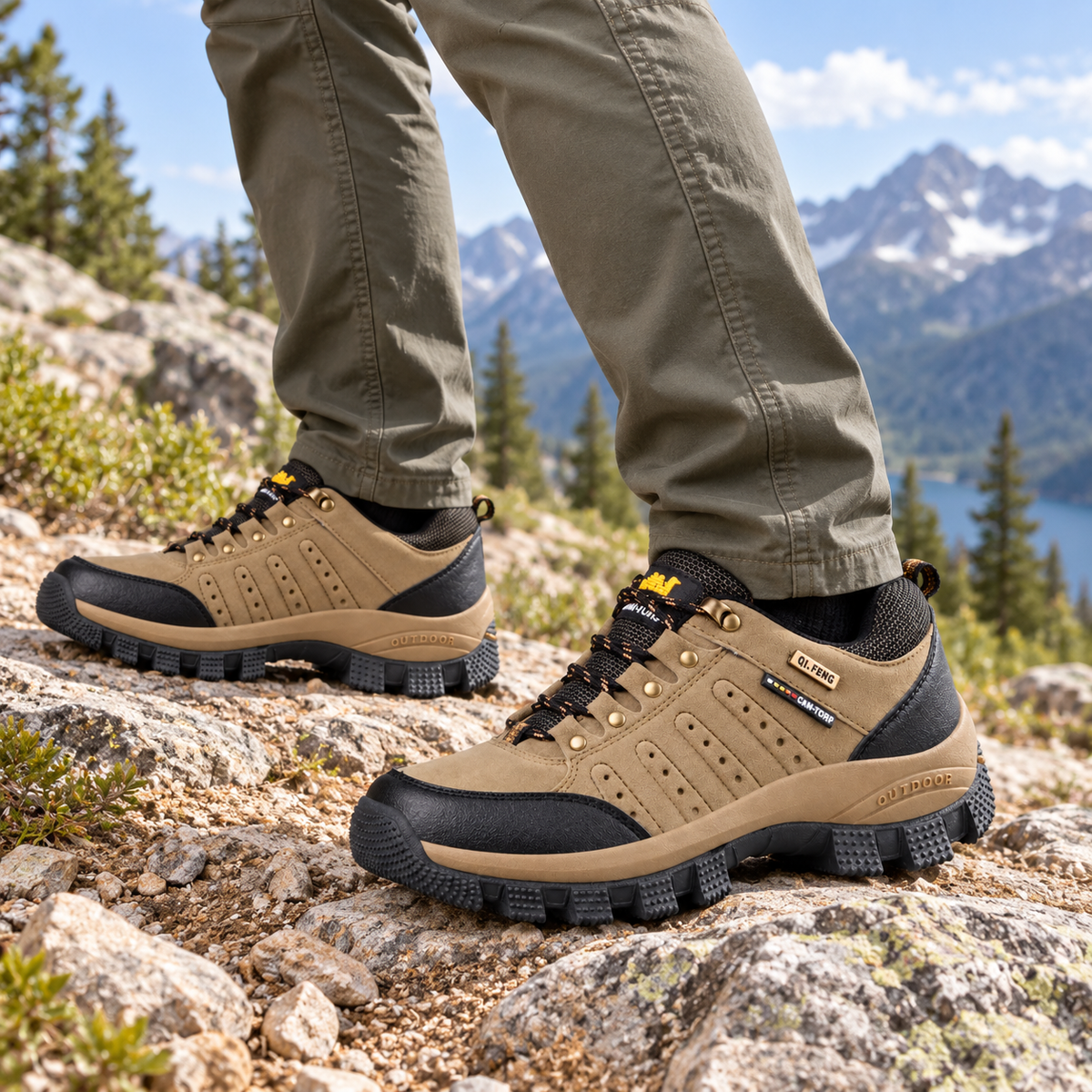 Paire de chaussures légères randonnée cuir Burlywood portée avec deux pieds complets sur rochers