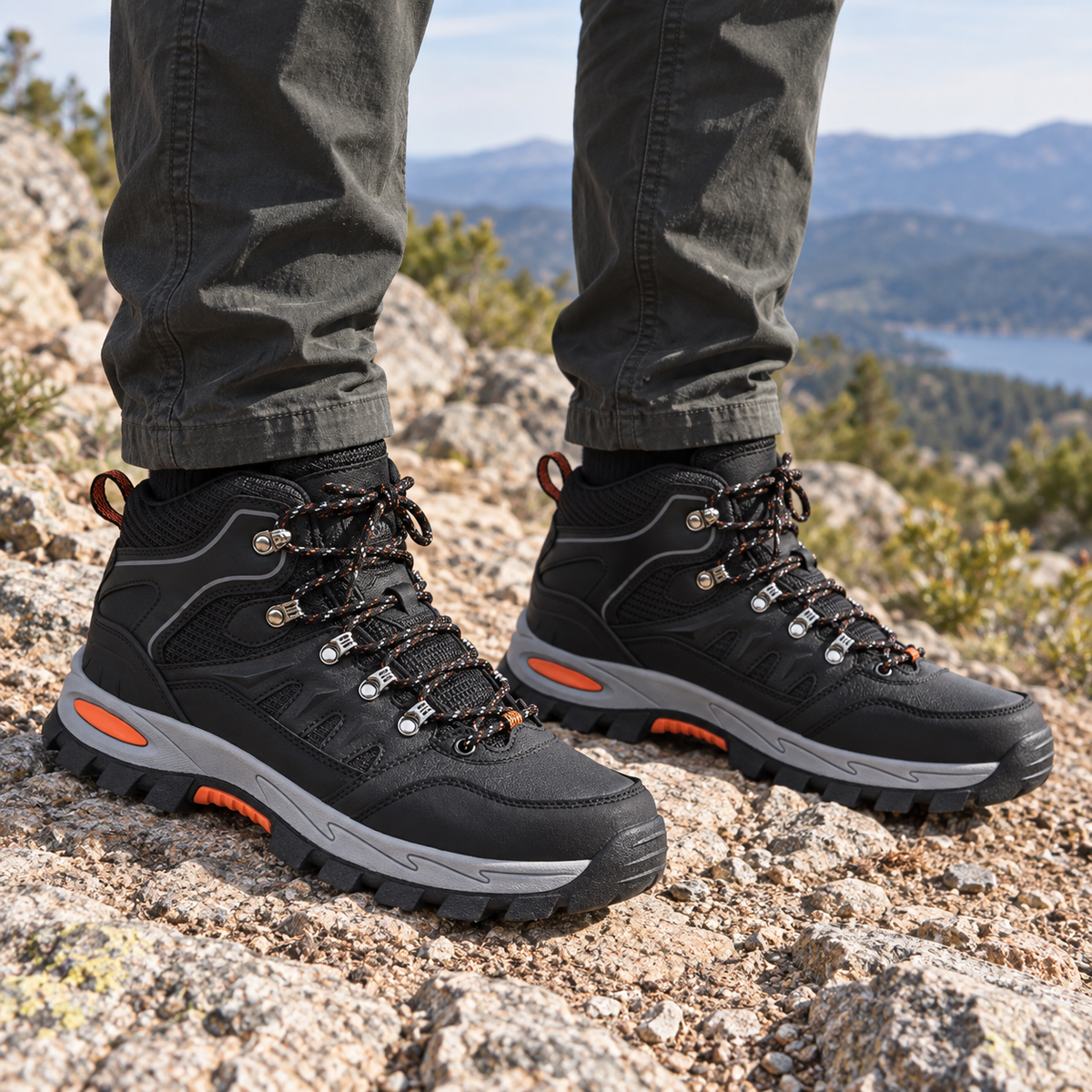 Paire de chaussures mid randonnée légère noires portée sur un sentier rocheux