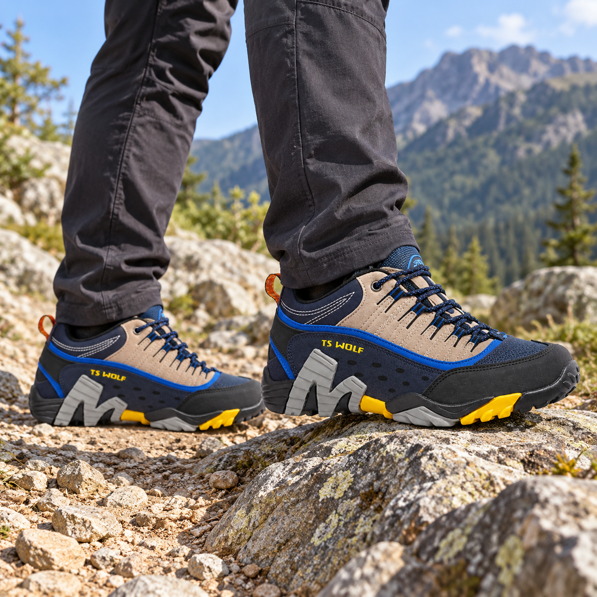 Chaussures multisport randonnée bleues portées sur terrain rocheux