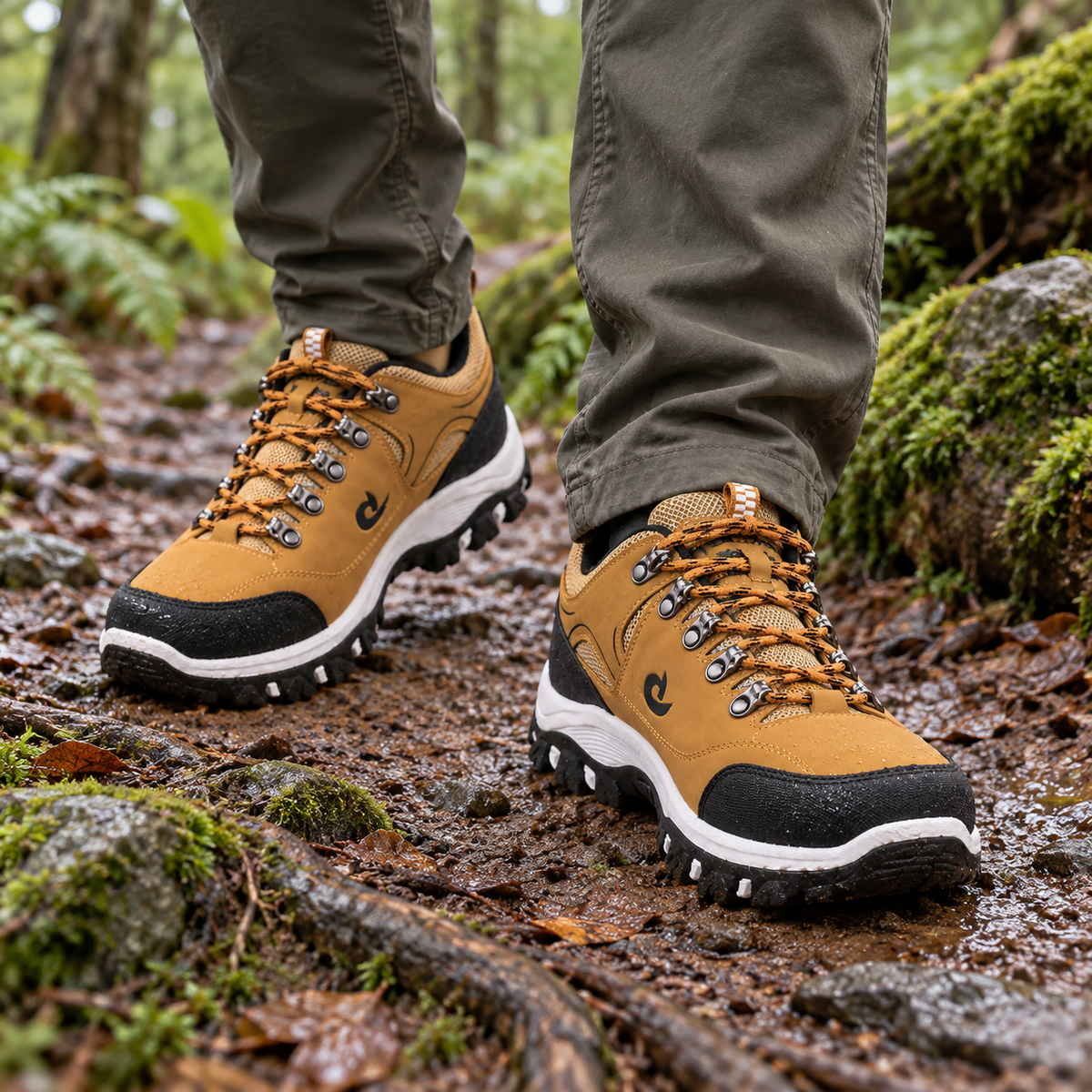 Deux chaussures petite randonnée homme marron portées sur sentier forestier humide