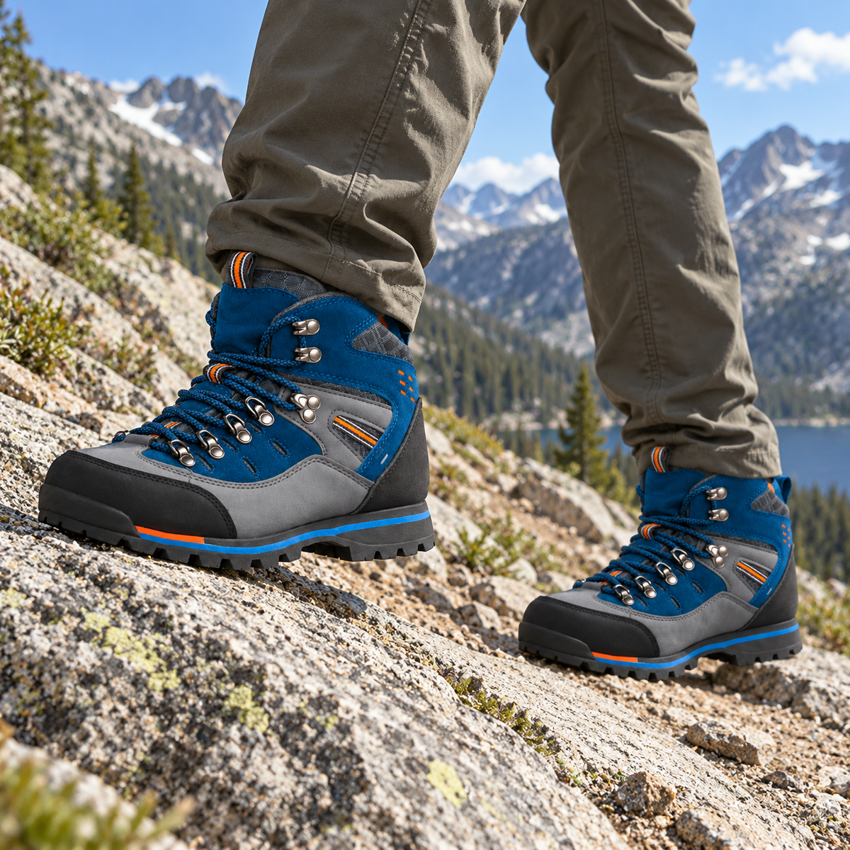 Chaussures randonnée alpinisme homme bleues portées sur pente en granit
