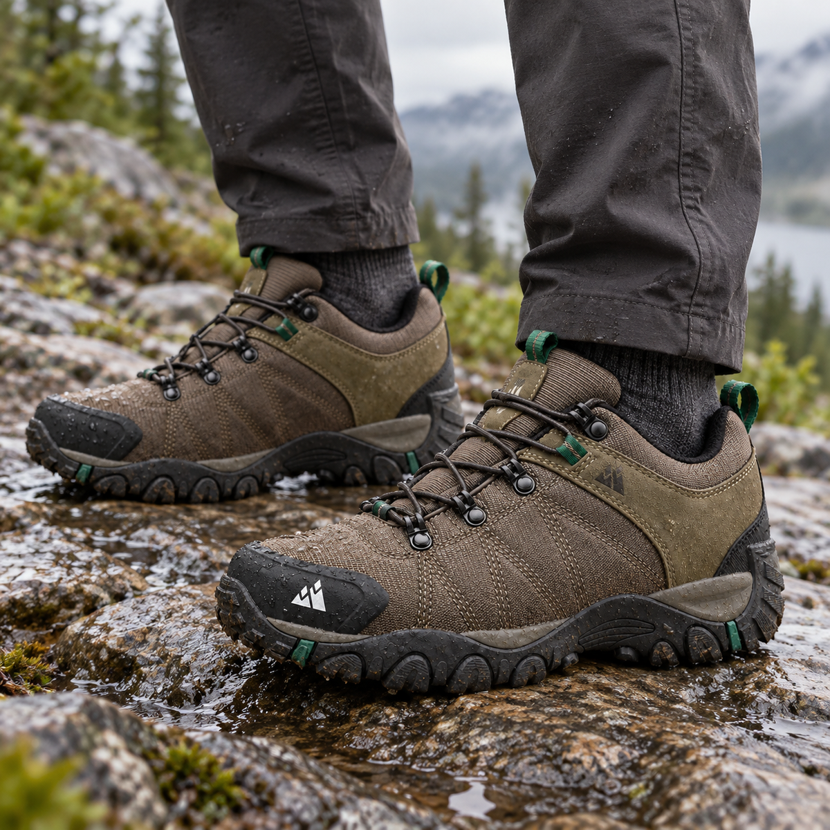 Chaussures randonnée basses imperméables marron portées sur rochers mouillés