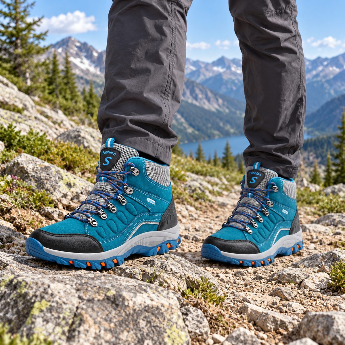 Paire de chaussures de randonnée bleues portée sur rochers