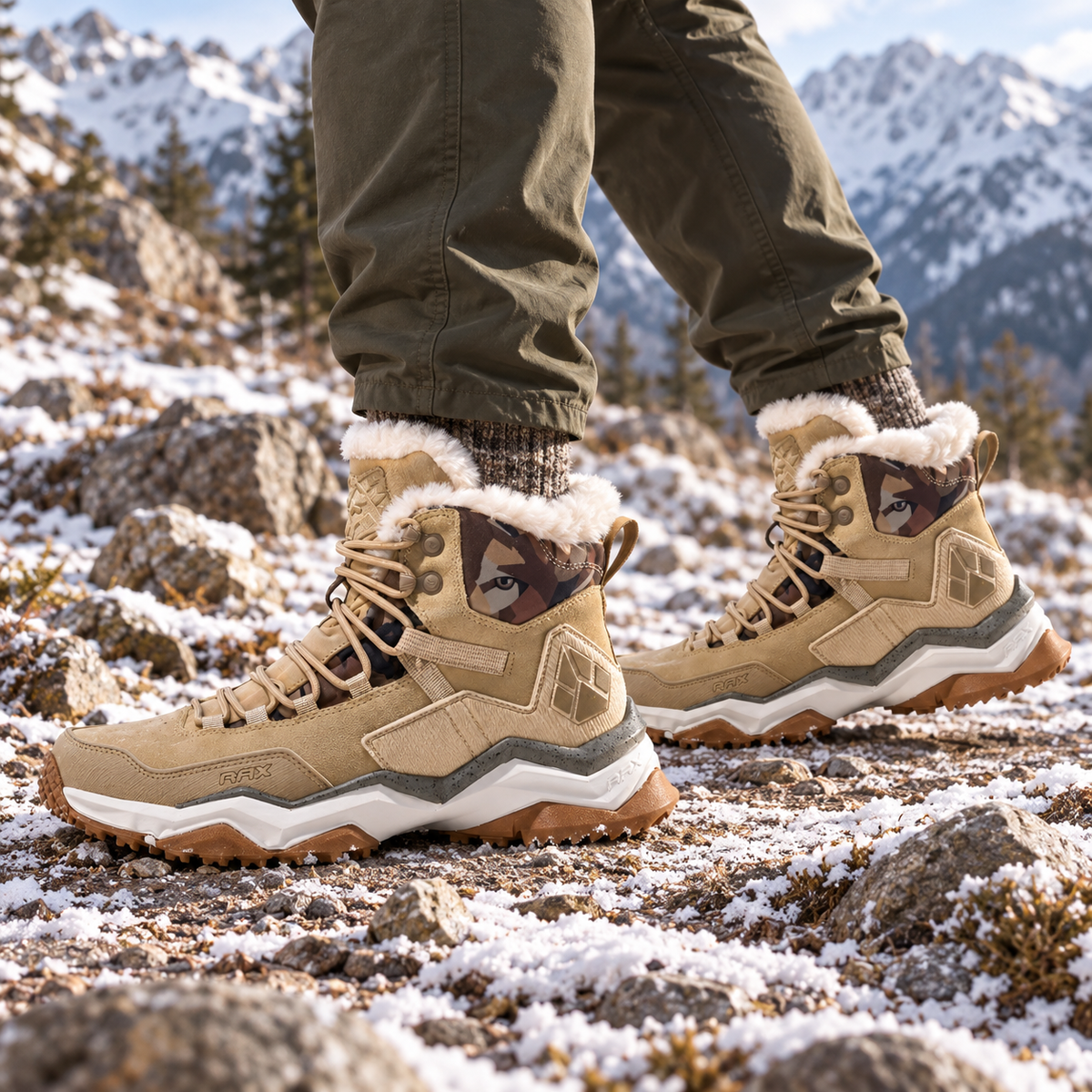 Chaussures randonnée chaudes homme beiges portées sur sentier enneigé