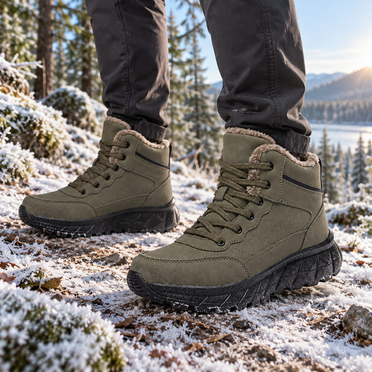 Chaussures randonnée chaudes kaki portées en forêt gelée