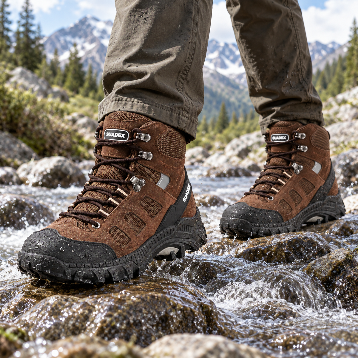 Paire complète de chaussures de randonnée coquées marron portée avec deux pieds visibles sur pierres mouillées