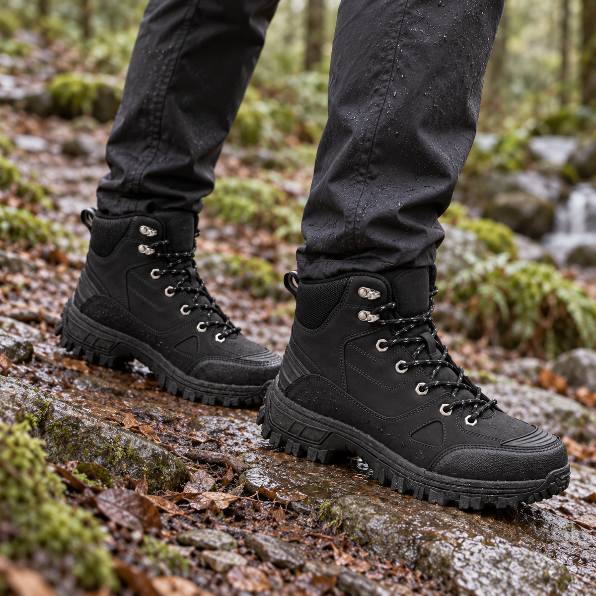 Chaussures randonnée cousu norvégien noires portées sur sentier humide