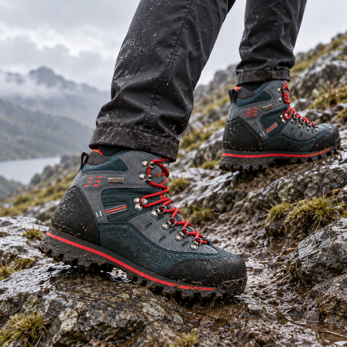 Paire complète de chaussures de randonnée crantées portée avec deux pieds visibles sur rochers mouillés