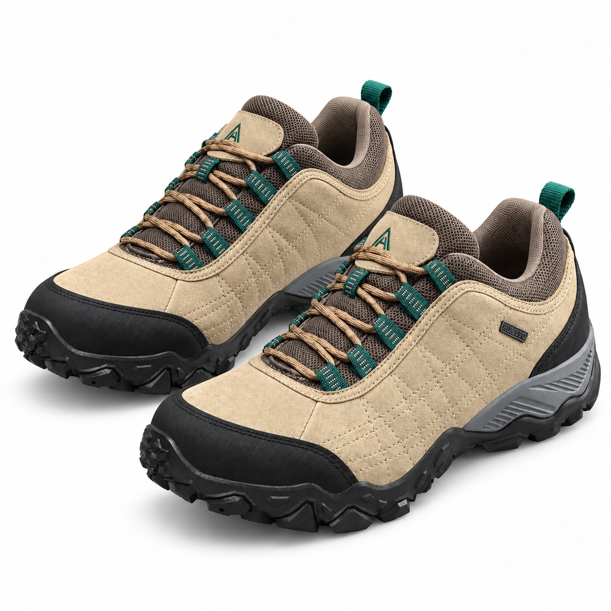 Paire complète de chaussures randonnée cuir imperméables femme kaki vue trois-quarts