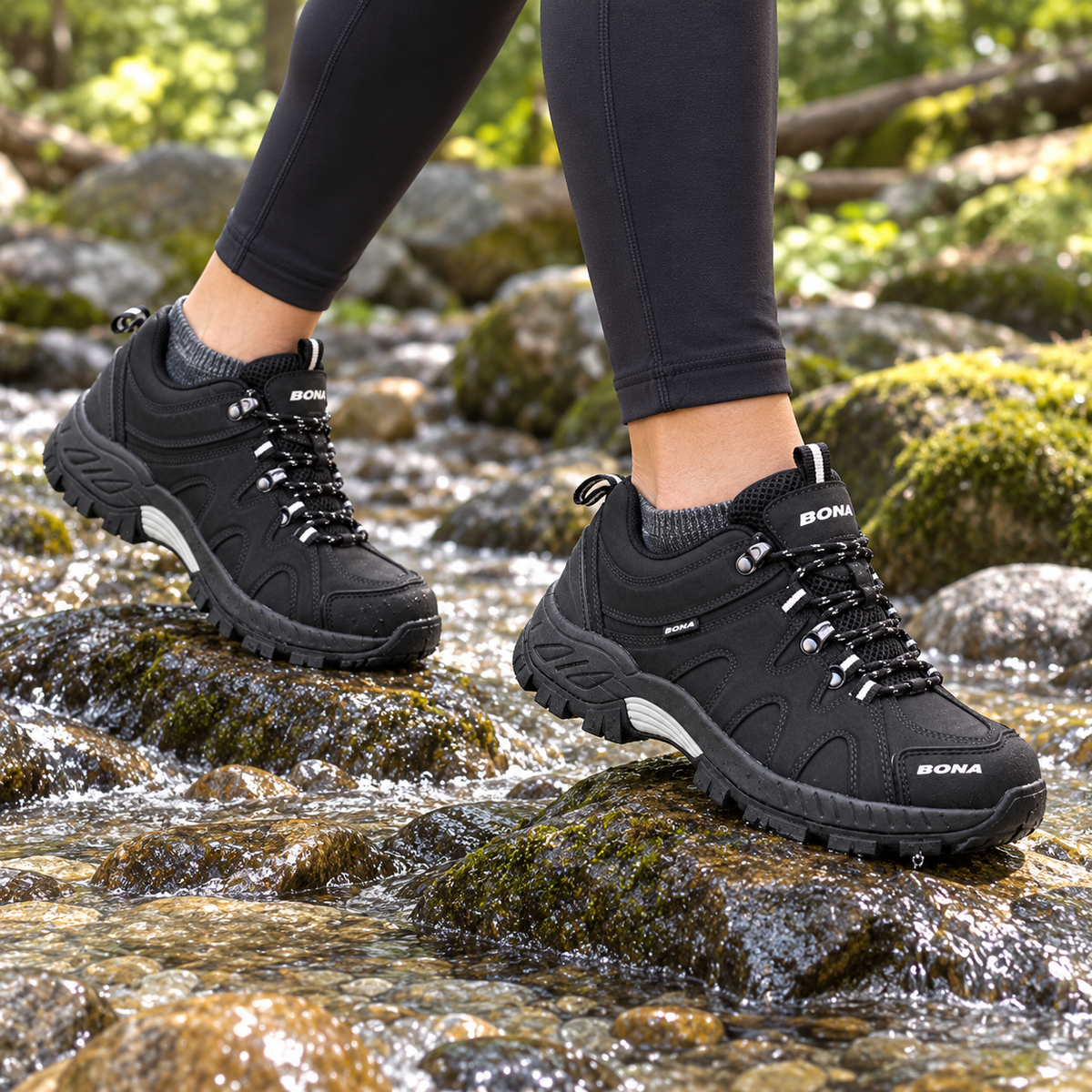 Paire complète de chaussures de randonnée femme noires portée avec deux pieds visibles sur pierres mouillées