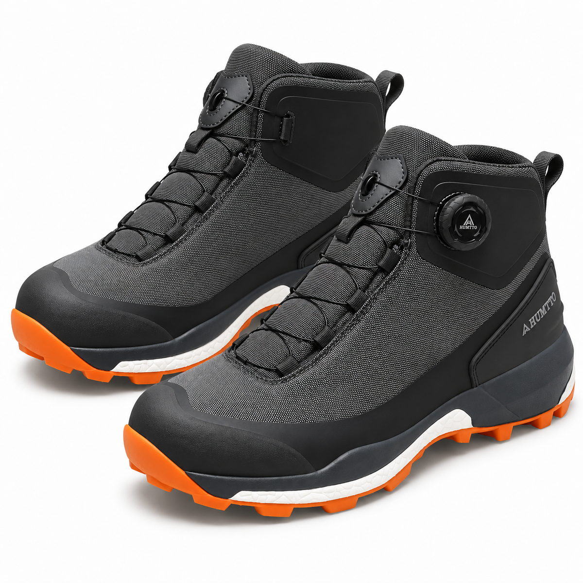 Paire complète de chaussures randonnée femme orthopédiques grises et orange vue trois-quarts