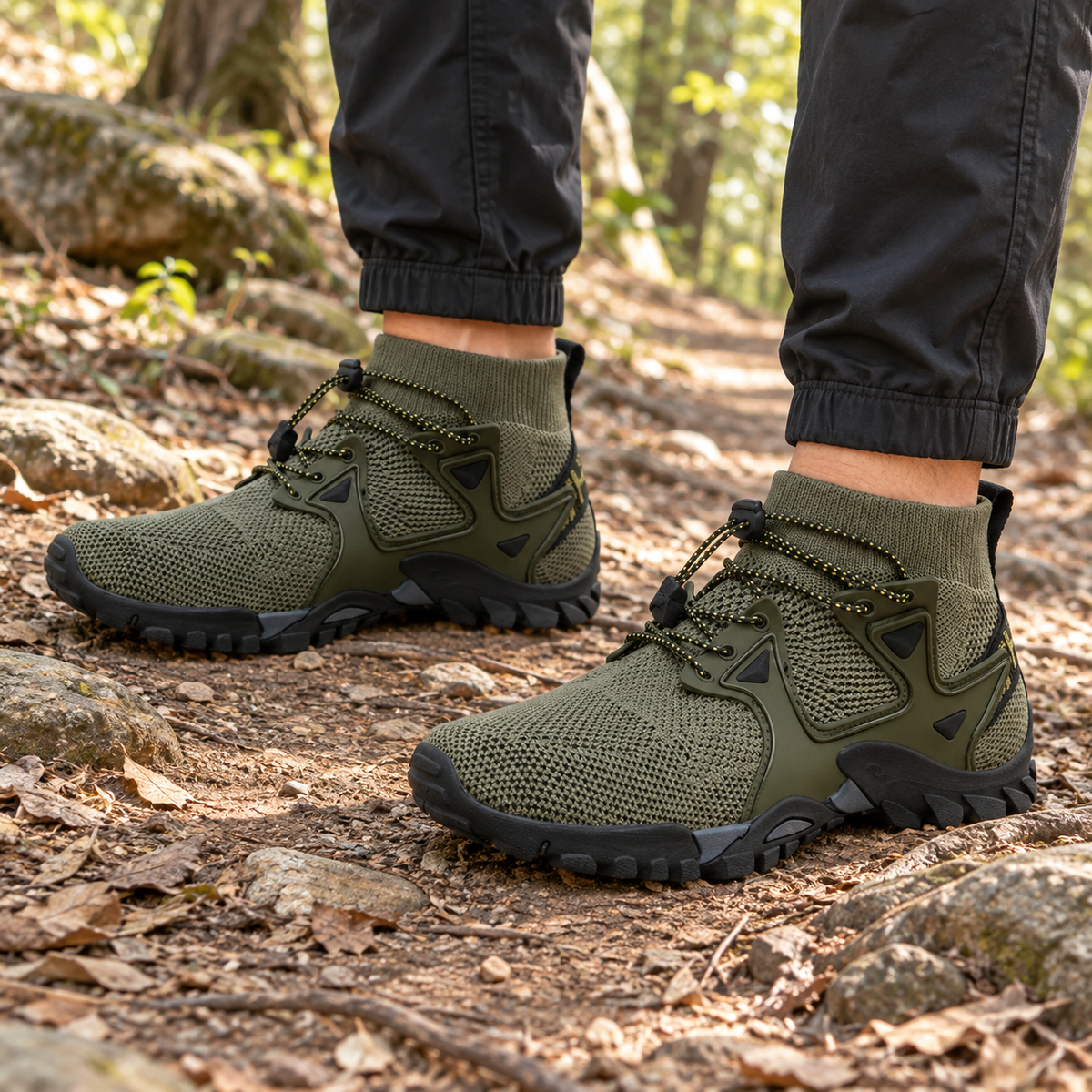 Chaussures randonnée hautes légères vertes portées par paire sur un sentier forestier