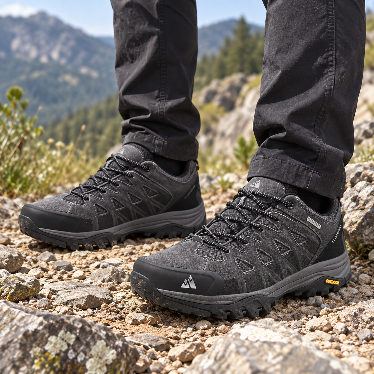 Chaussures randonnée homme grises portées par paire sur un sentier rocheux