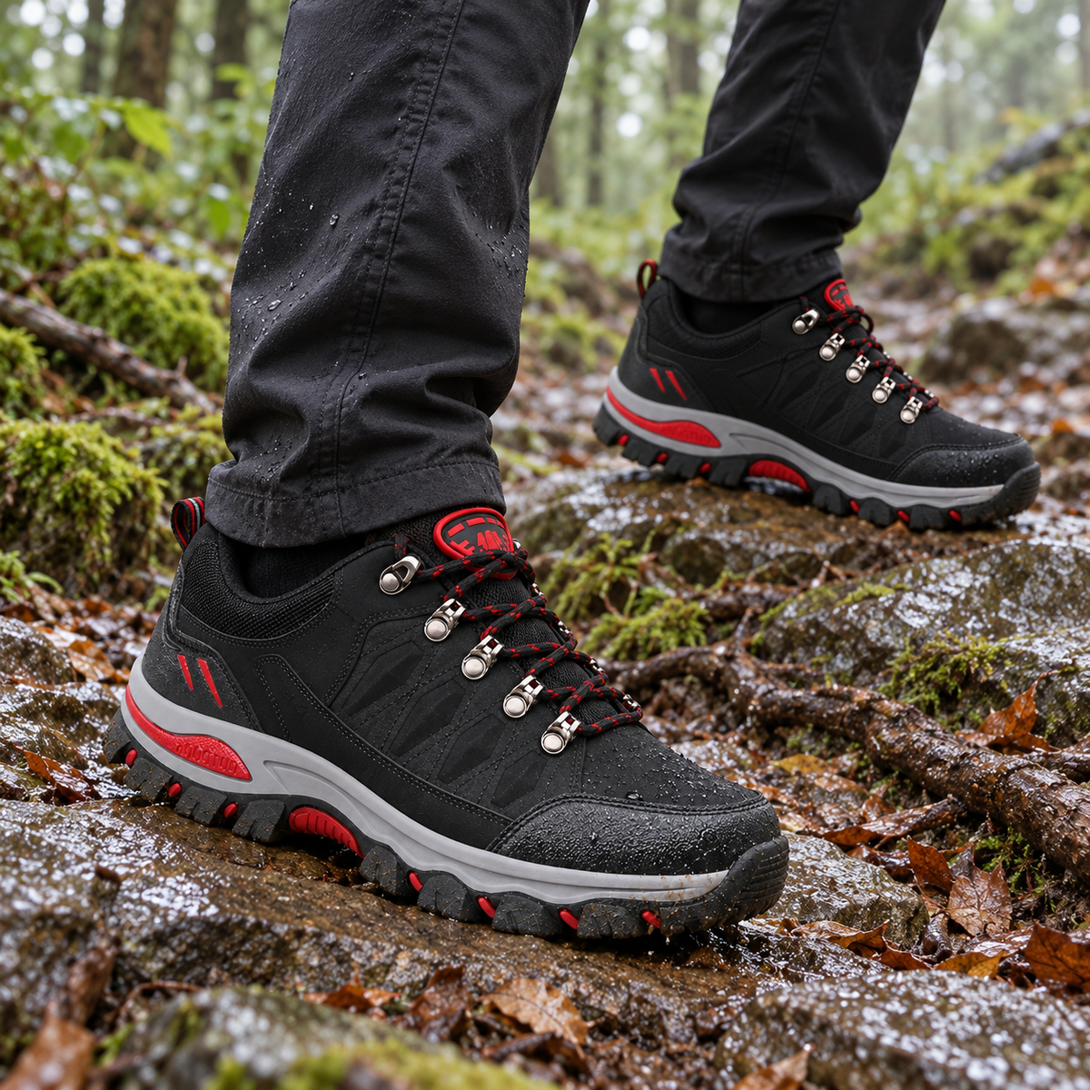 Deux chaussures randonnée homme vegan noires portées sur un sentier rocheux humide