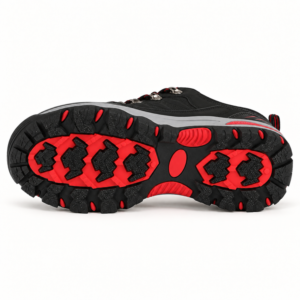 Chaussure randonnée homme vegan noire posée sur le côté avec semelle crantée entière visible