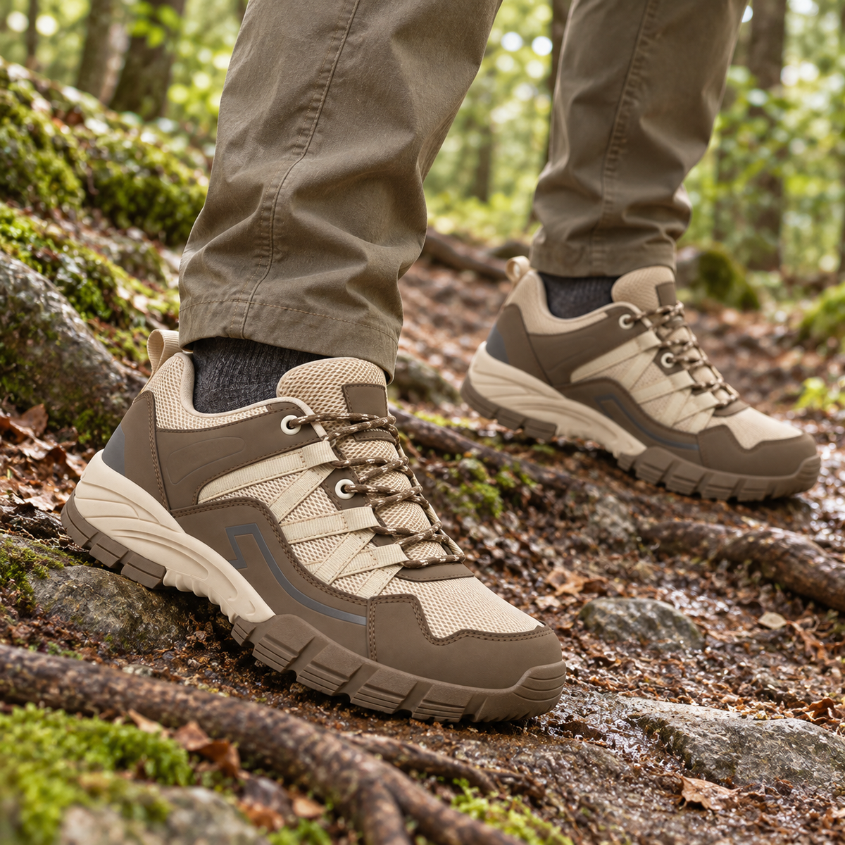 Deux chaussures randonnée mid cuir homme beige et marron portées sur sentier forestier humide