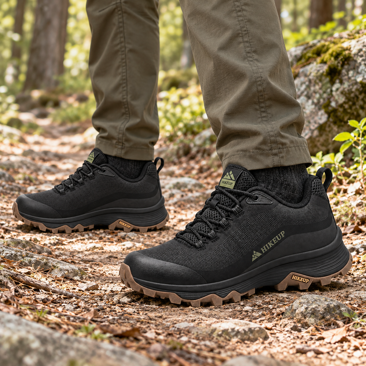 Deux chaussures randonnée pied plat noires portées sur sentier forestier ferme
