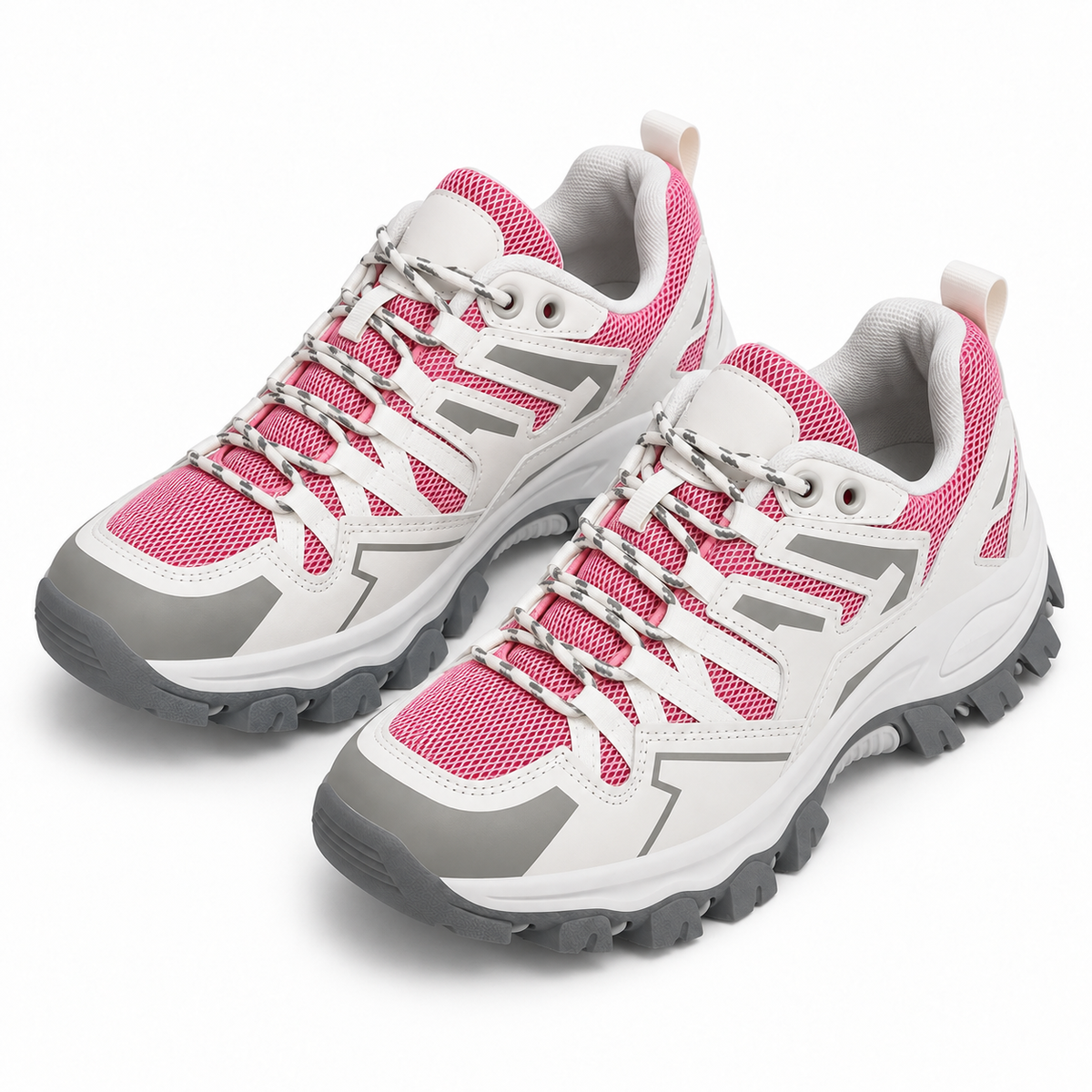 Paire complète de chaussures de randonnée pieds sensibles rose, blanche et grise vue du dessus