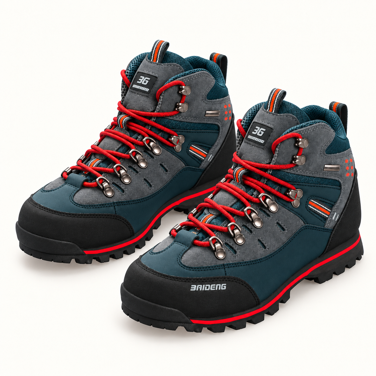 Paire complète de chaussures randonnée homme avec lacets rouges sur fond blanc chaud