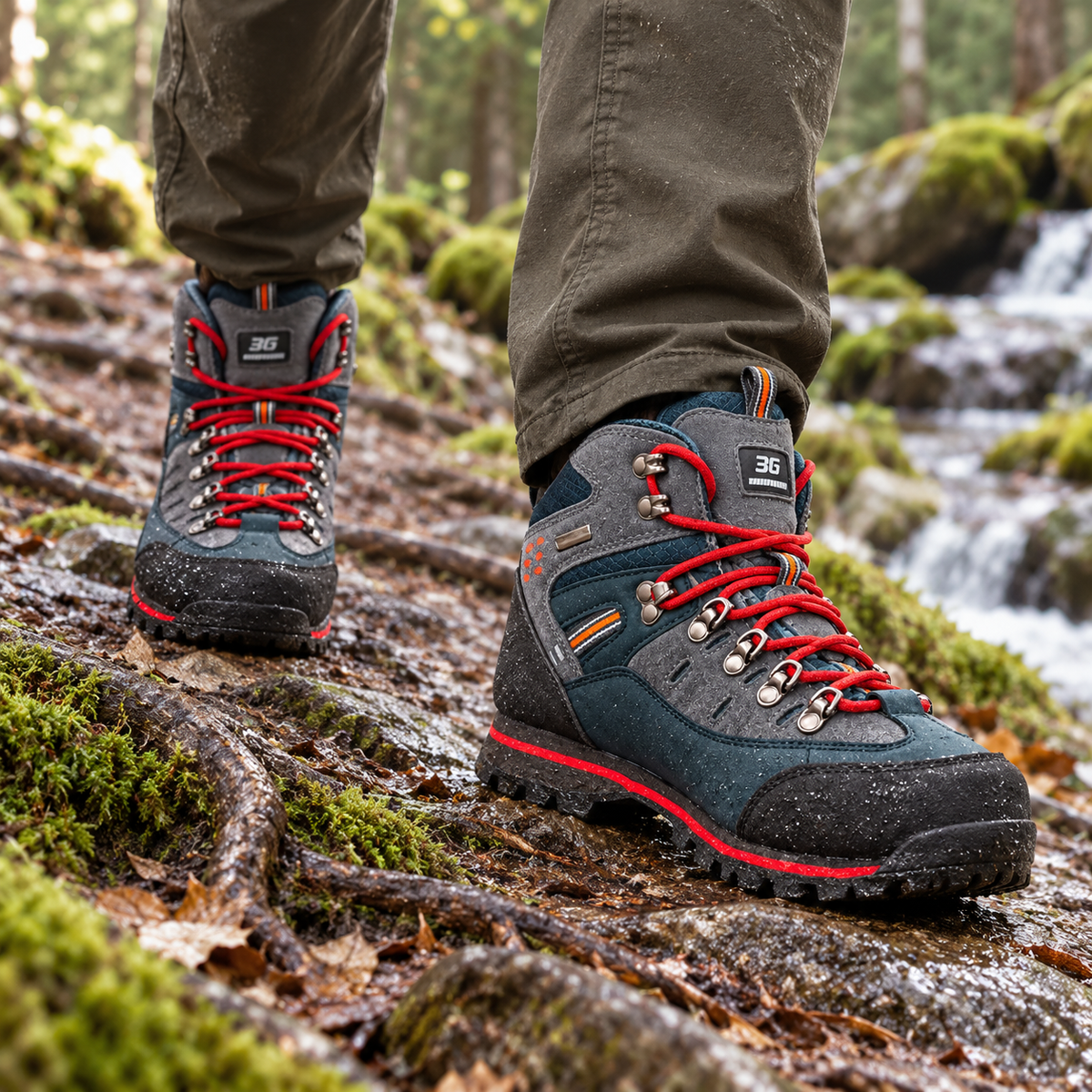 Deux chaussures randonnée homme à détails rouges portées sur sentier forestier humide