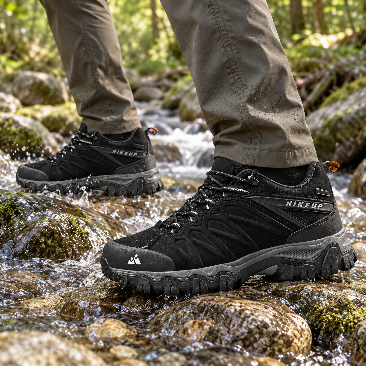 Paire complète de chaussures de randonnée souples homme noires portée avec deux pieds visibles sur pierres mouillées
