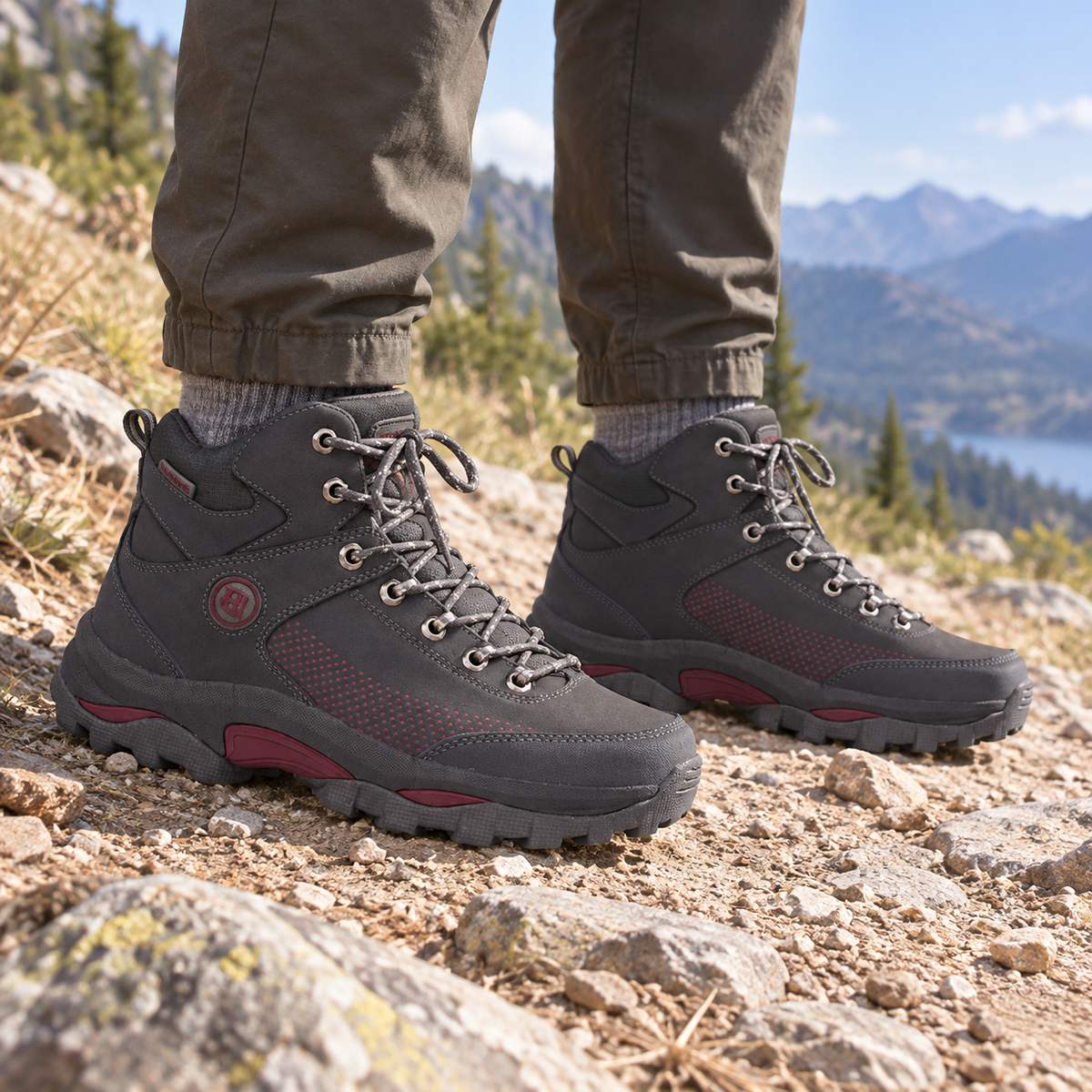 Chaussures randonnée tendinite gris foncé portées sur un sentier naturel