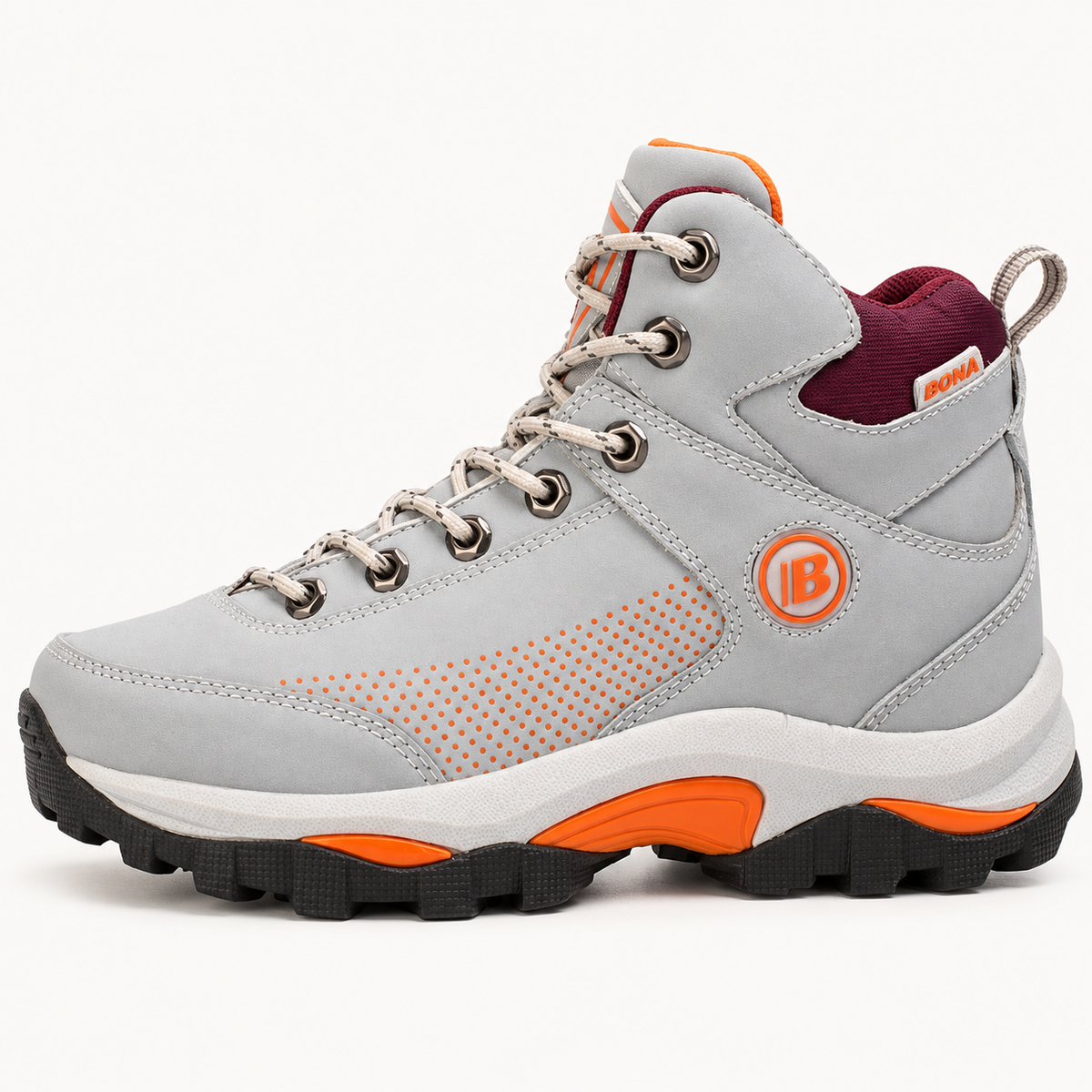 Chaussures randonnée tendinite grises vue trois-quarts sur fond blanc chaud