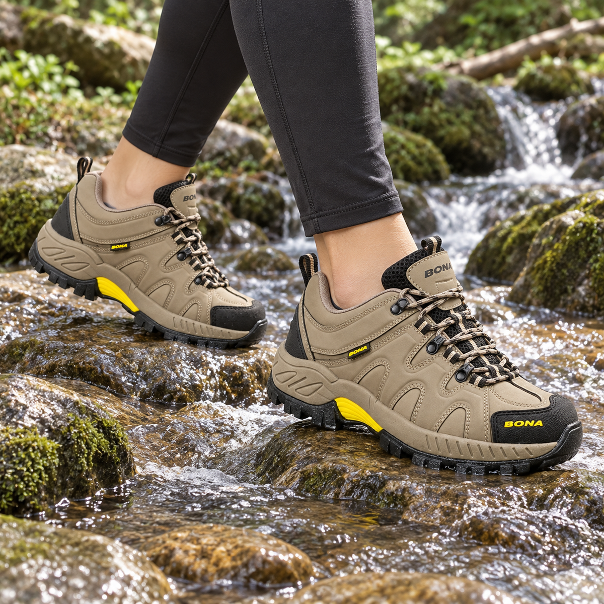 Paire complète de chaussures de randonnée toile femme beige portée avec deux pieds visibles sur pierres mouillées