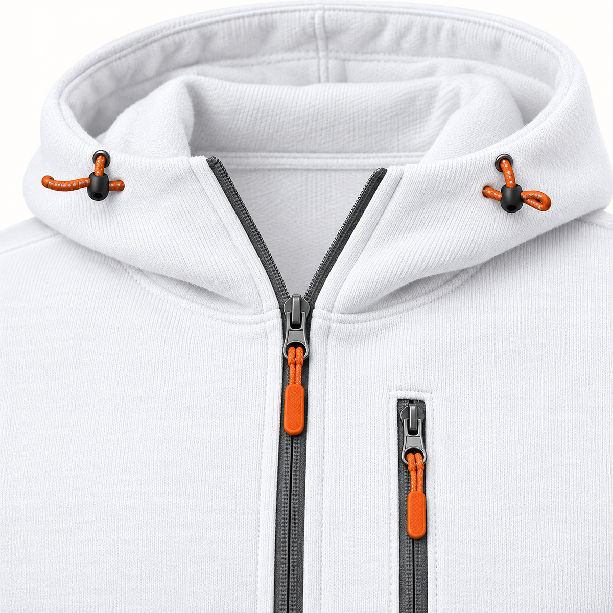 Veste randonnée 100 % coton blanche – détail capuche et fermeture