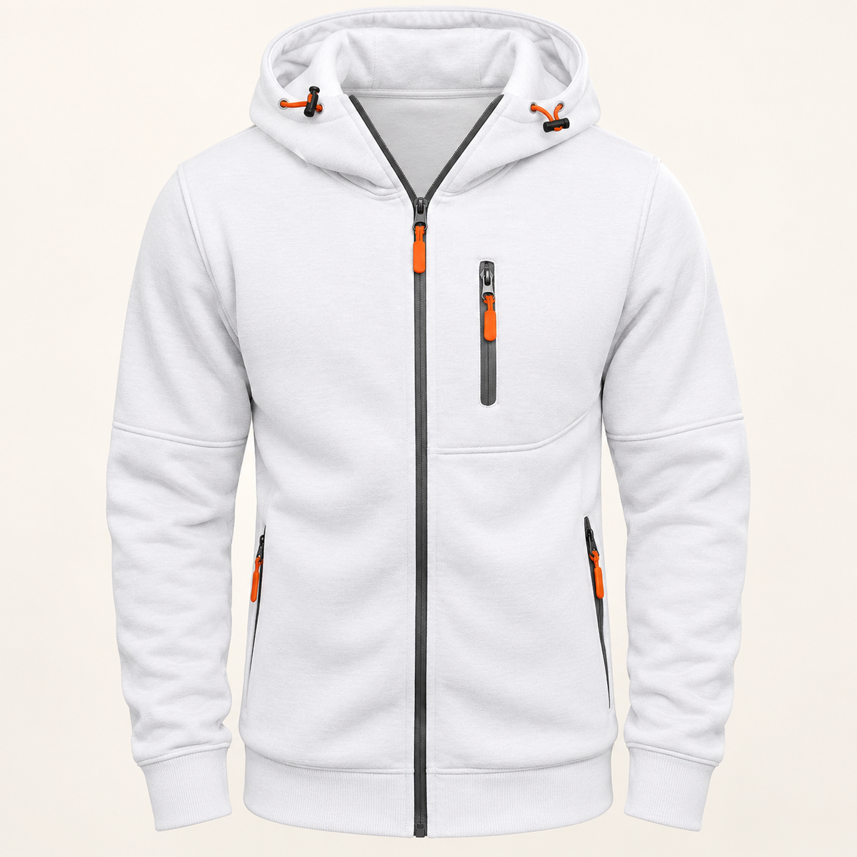 Veste randonnée 100 % coton blanche – détail poches zippées