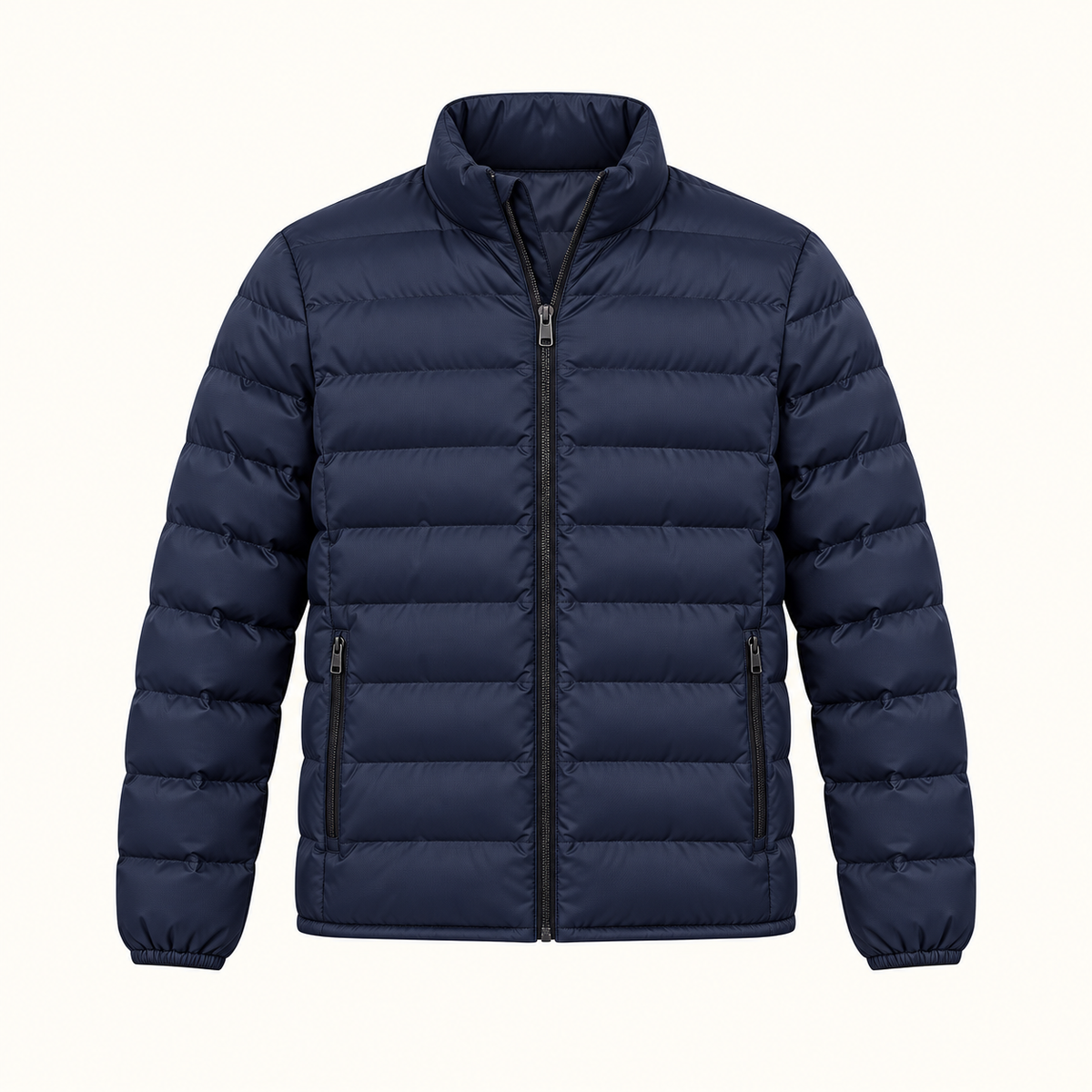 Doudoune demi-saison homme – vue de face du col et des fermetures bleu marine