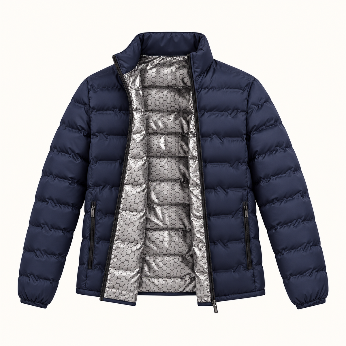 Doudoune demi-saison homme – vue ouverte sur doublure thermique bleu marine