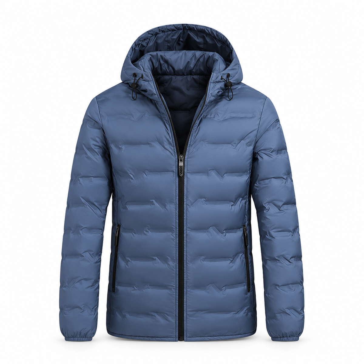 Doudoune duvet homme randonnée bleue – fermeture entrouverte