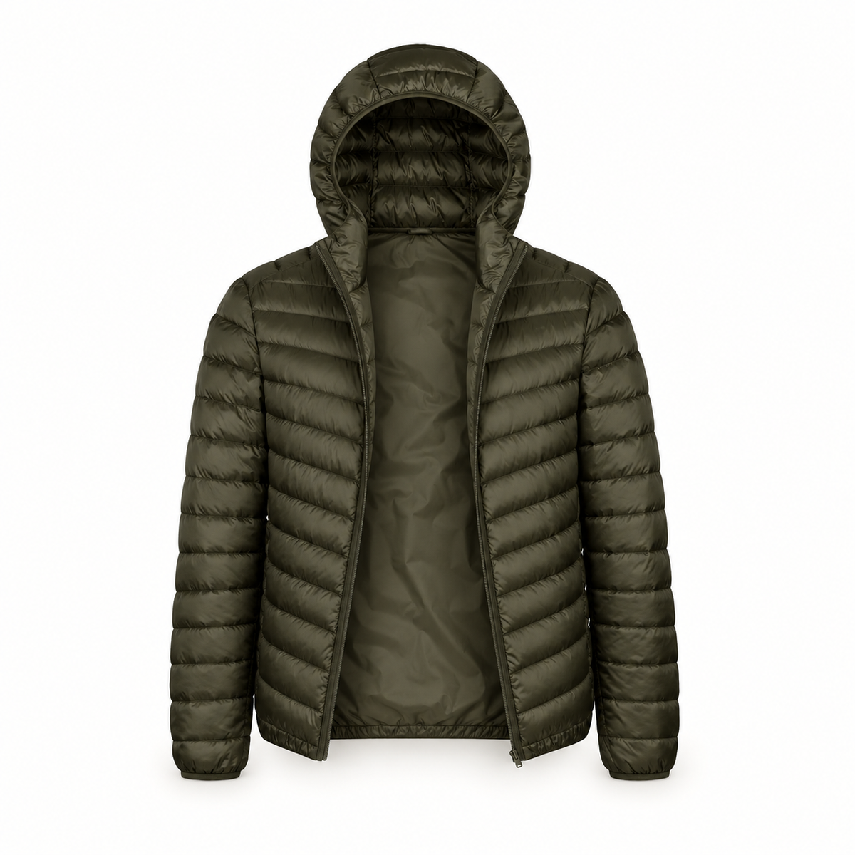 Doudoune légère homme capuche – vue ouverte sur l'intérieur vert