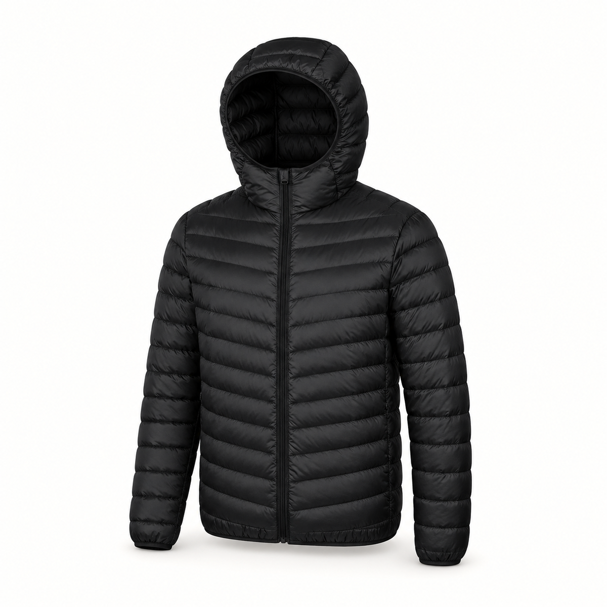 Doudoune légère homme capuche – vue trois-quarts noire avec capuche
