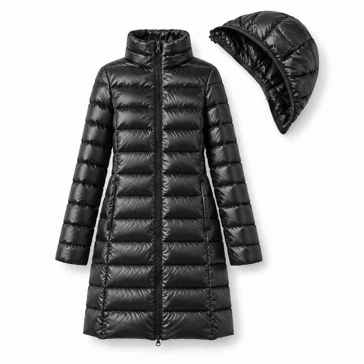 Doudoune longue femme randonnée noire – capuche amovible séparée