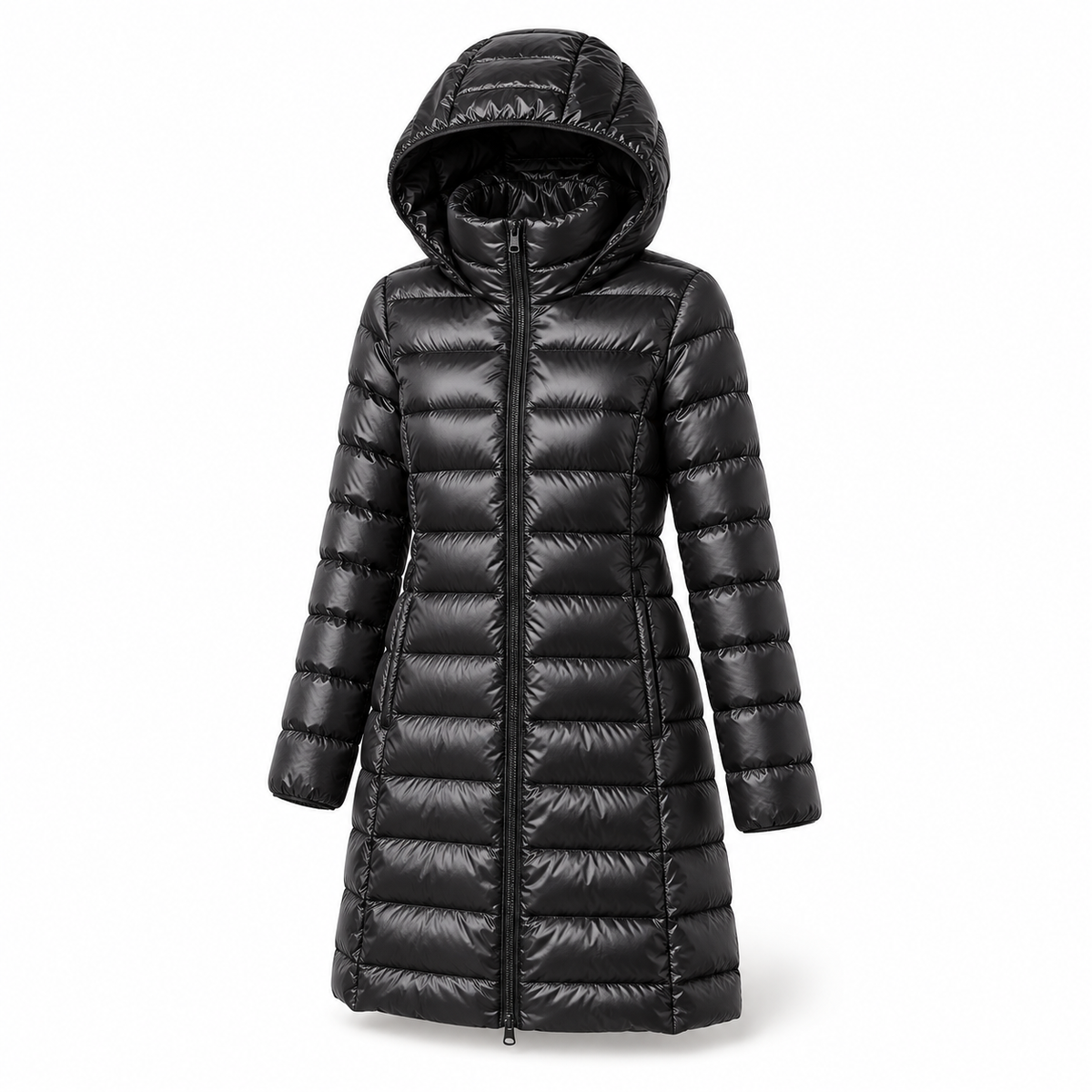 Doudoune longue femme randonnée noire – vue trois-quarts