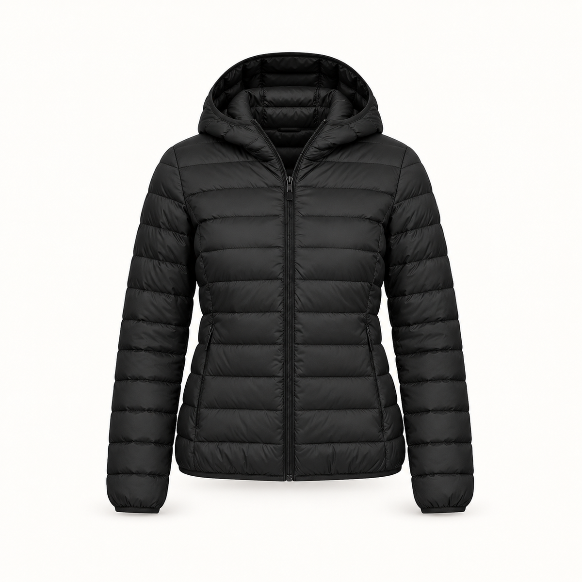 Doudoune plume femme randonnée noire – capuche ouverte