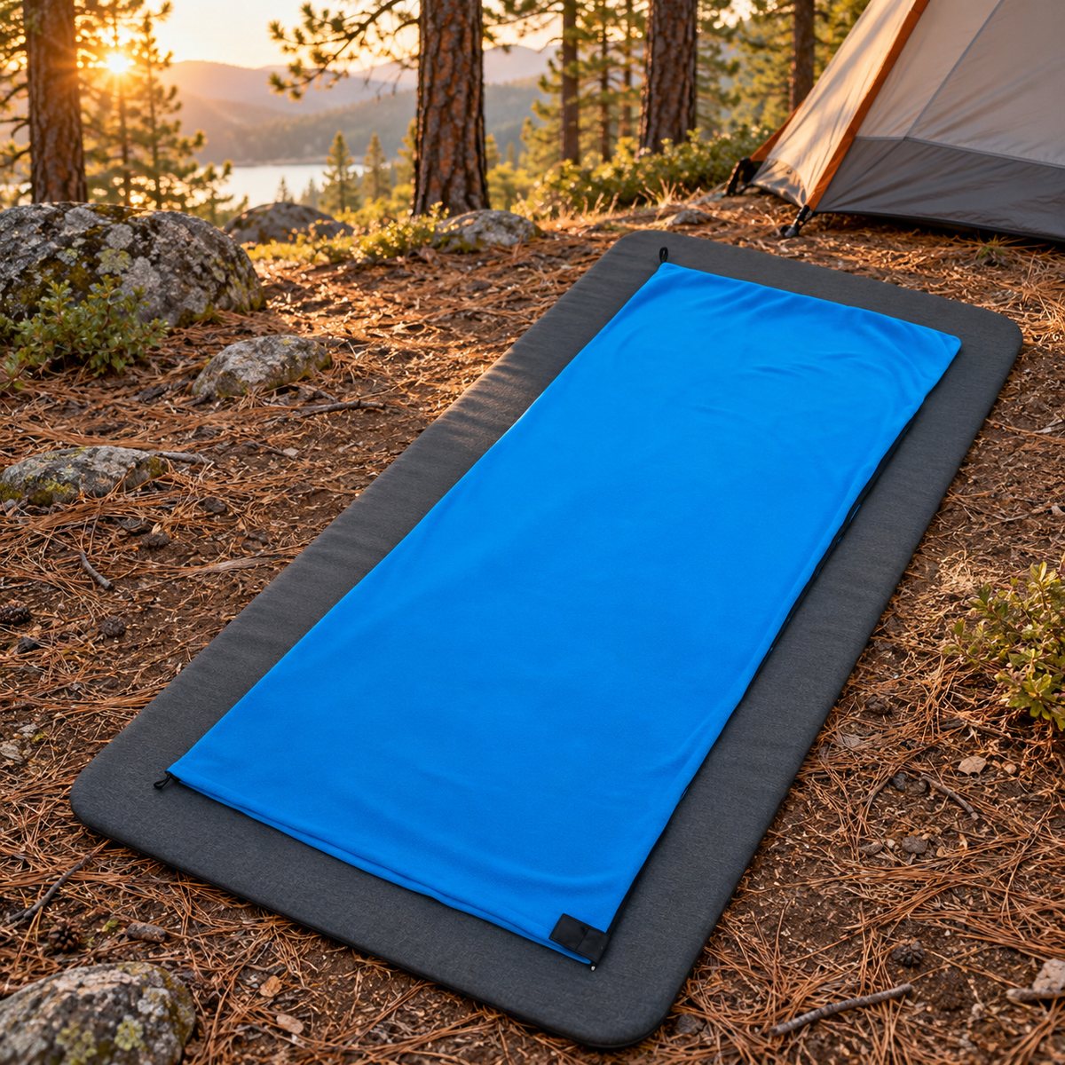 Drap de sac de couchage polaire bleu installé sur un tapis au bivouac