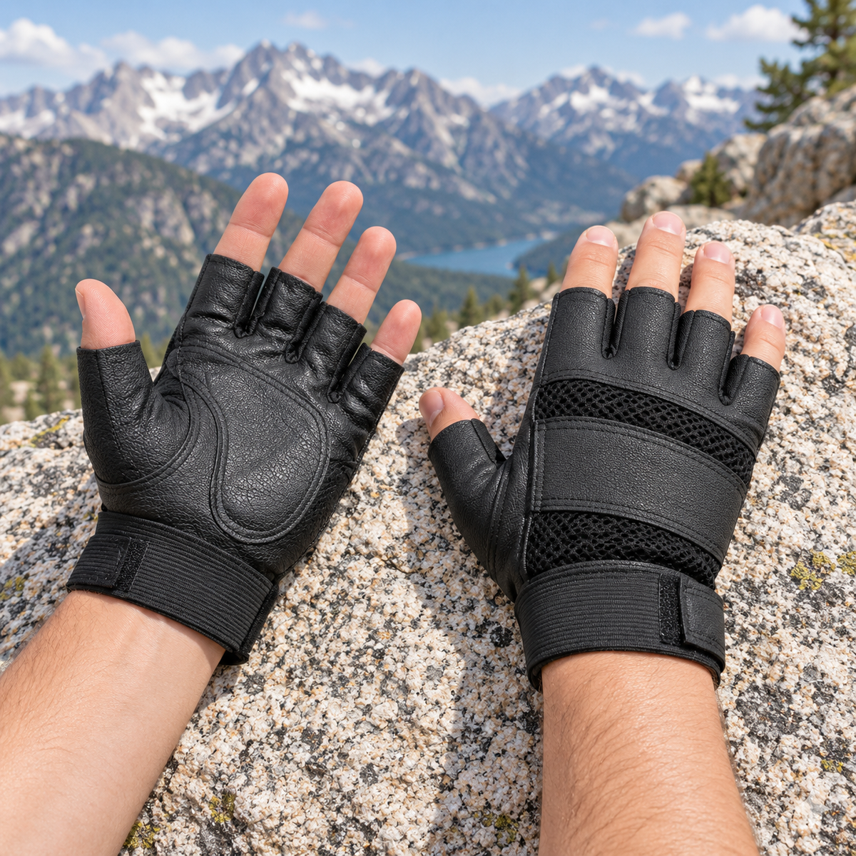 Gant alpinisme — paire portée sur un granite alpin