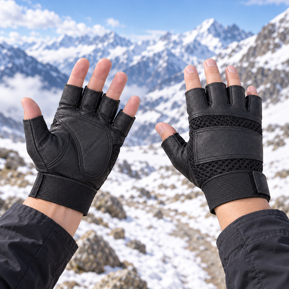 Gant alpinisme — paire portée sur un col enneigé