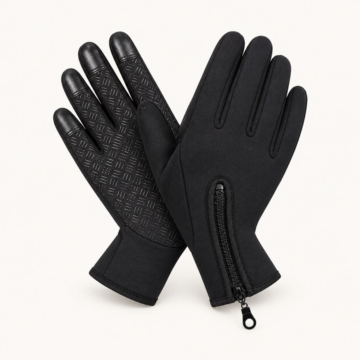 Gant antidérapant randonnée noir — paire croisée, dos et paume