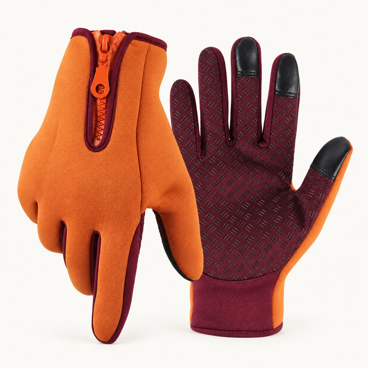 Gant antidérapant randonnée orange — paire complète, dos et paume