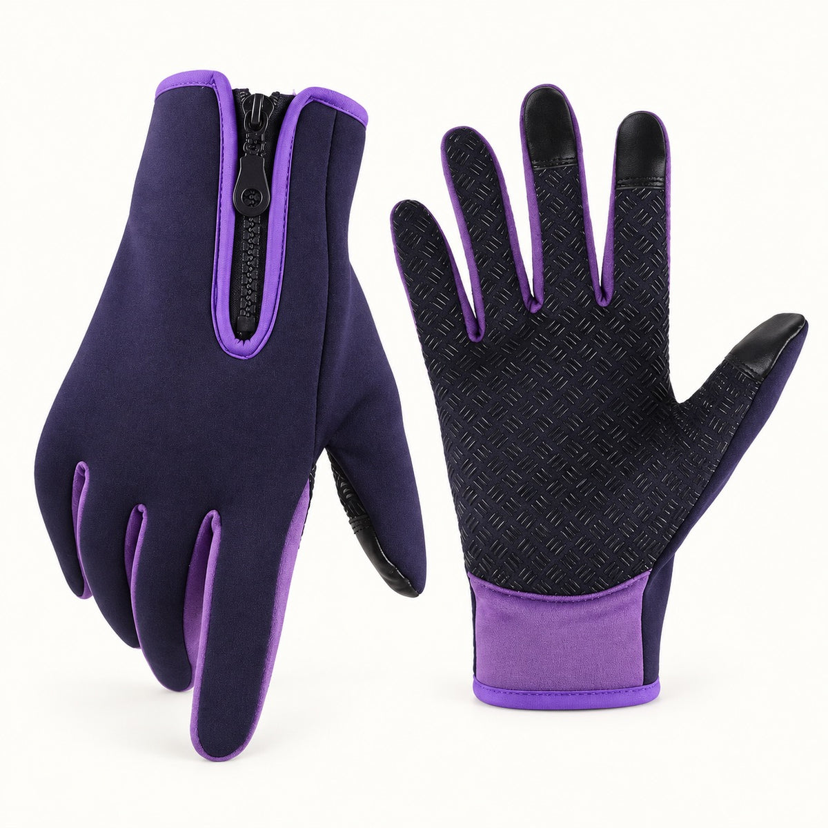 Gant antidérapant randonnée violet — paire complète, dos et paume