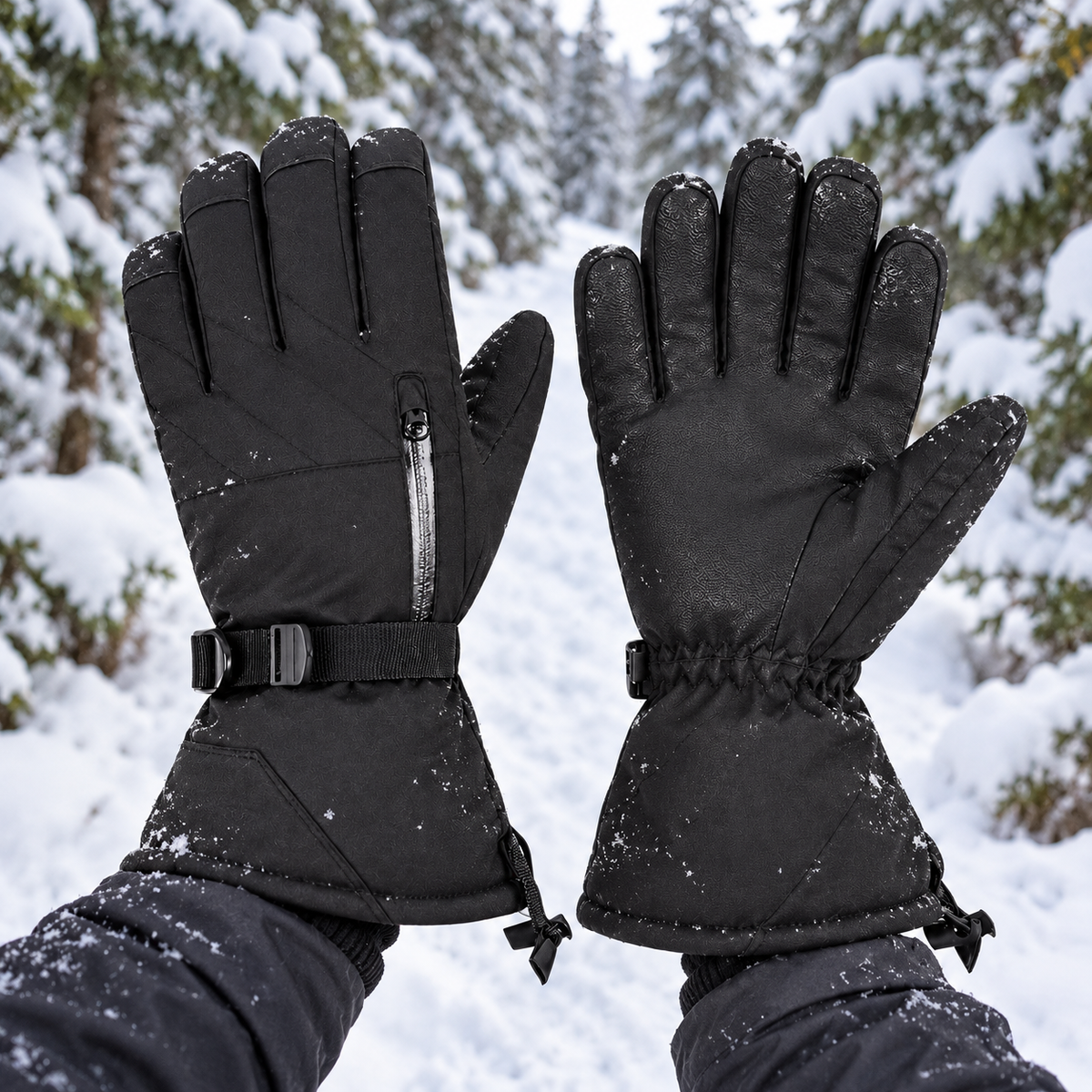 Gants tactiles randonnée — portés sur sentier forestier enneigé