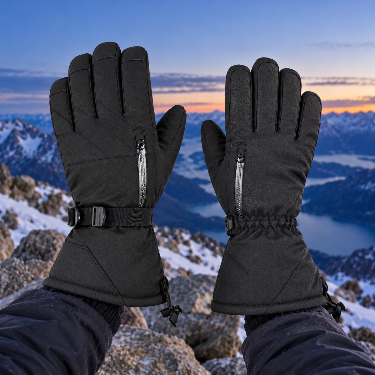 Gants tactiles randonnée — portés sur panorama alpin à l'heure bleue