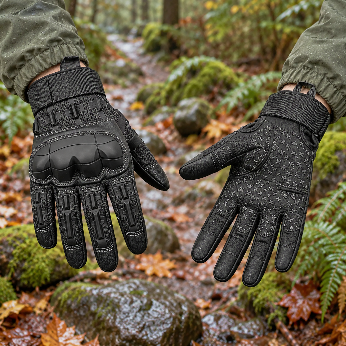 Gants thermiques anti froid noirs portés sur un sentier forestier humide – dos et paume entièrement visibles