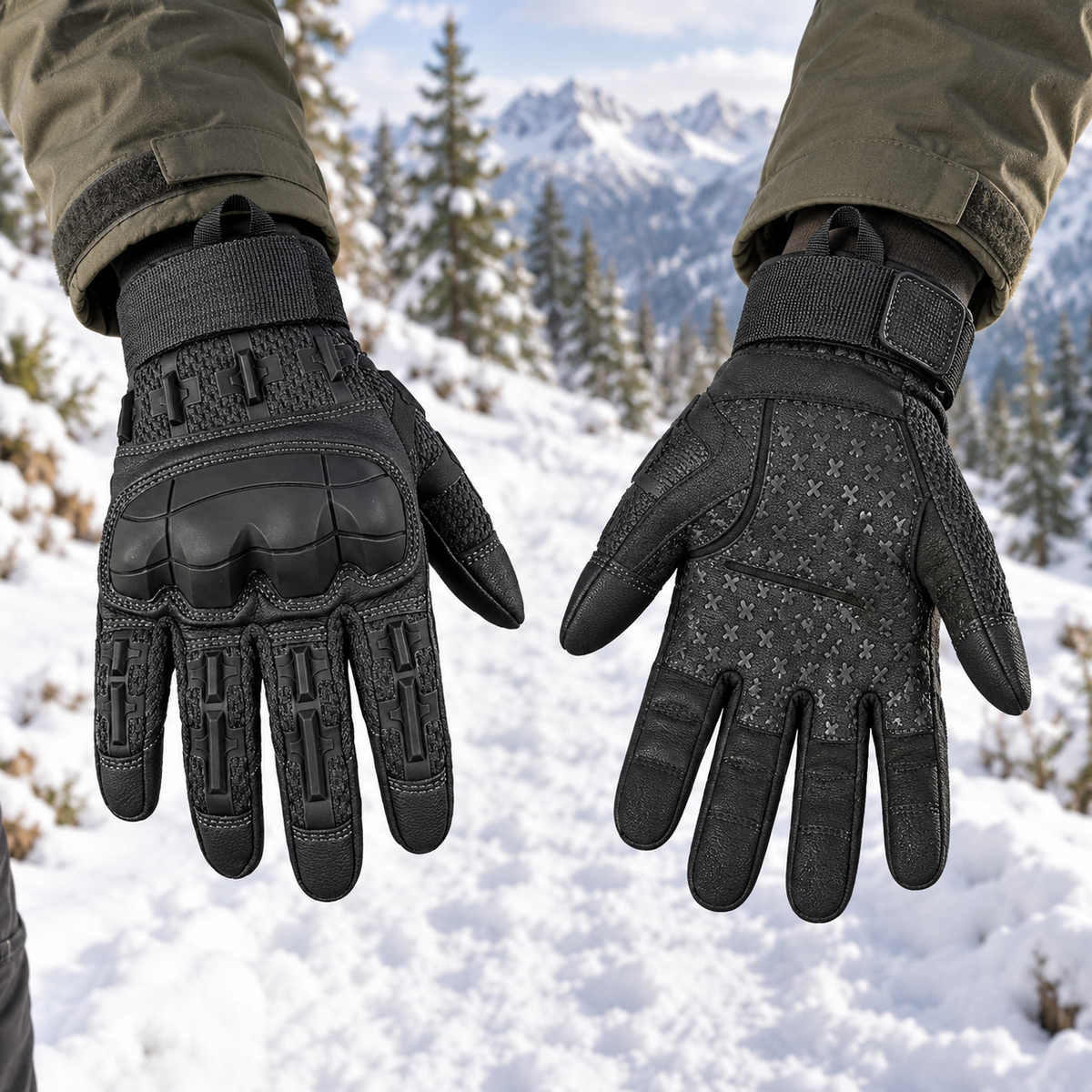 Gants thermiques anti froid noirs portés sur un sentier enneigé – dos et paume entièrement visibles