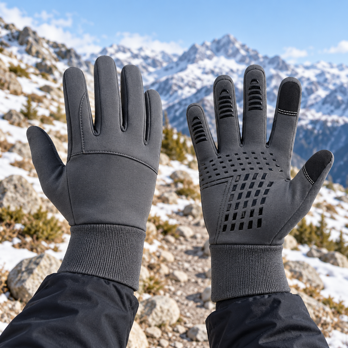 Gants trail imperméables gris portés sur un sentier alpin enneigé